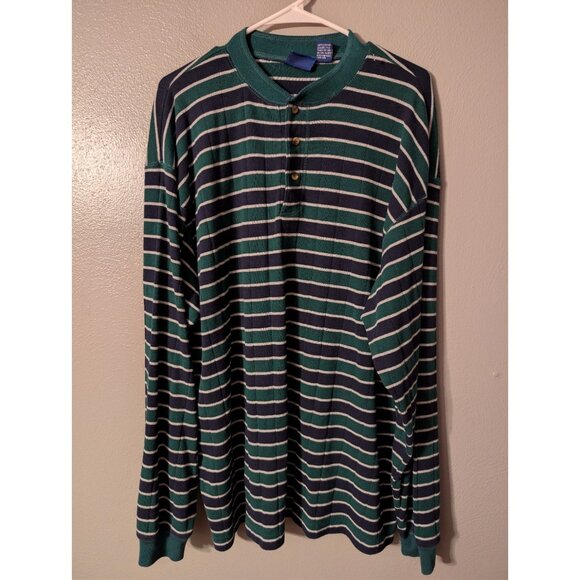 Vintage Bristol Blues Henley Shirt 2XL Green Navy Stripe Long Sleeve 90s USA - Picture 2 of 4